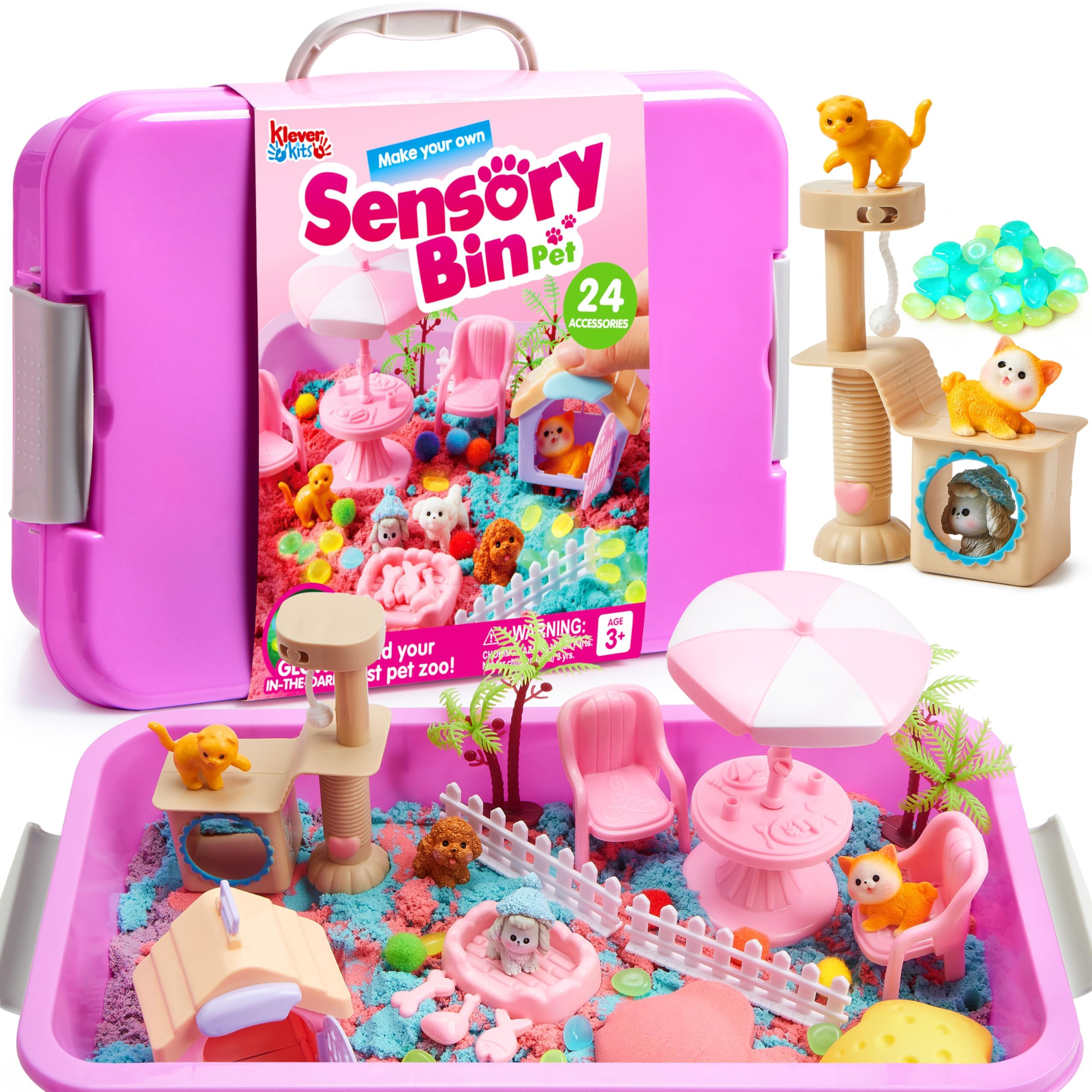 JOVA Klever Kits Cute Pet Sensory Bin for Toddlers with Glow in The Dark Stones, Sandbox with Lid Dual-Color Sand, Preschool Learning Activities Gifts for Boys Girls Age 3+ Image