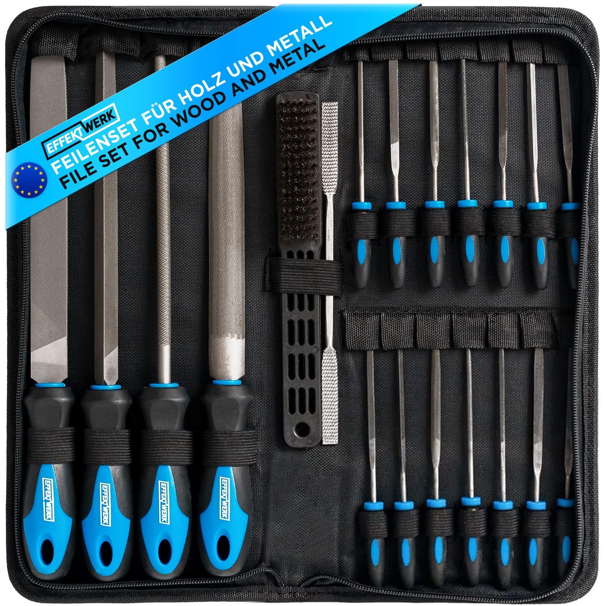 Effektwerk 21-Pc File Set for Metal, Wood & Plastic, Includes Large Round File, Half-Round File, Triangular File, Flat File, Wire Brush, Rasp, Storage Pouch & 14 Needle Files for Fine Finishing