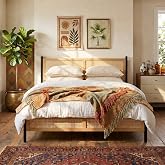 Boho Rattan Queen Bed Frame with Hand Woven Wicker Headboard &amp; Footboard | Rattan Queen Bed Frame with Headboard,Boho Bed Frame Queen Size with Hand Woven Wicker Headboard &amp; Footboard