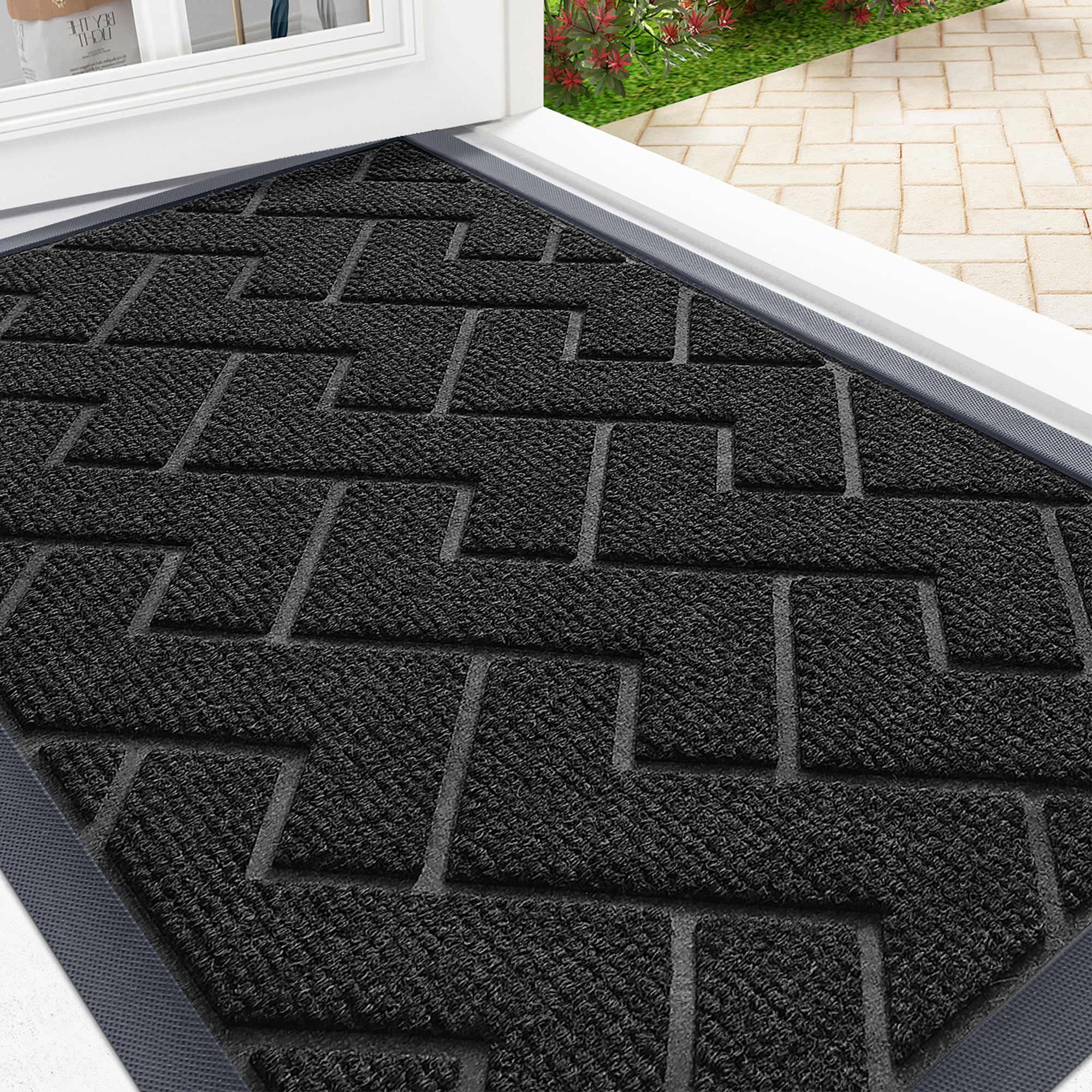 Photo 1 of OLANLY Front Door Mat Indoor Outdoor Entrance, Waterproof All-Season, All-Weather Welcome Doormat, Sturdy Natural Rubber, Low Profile, Easy Clean Patio Porch Entryway Outside Floor Mat, 47x32, Black