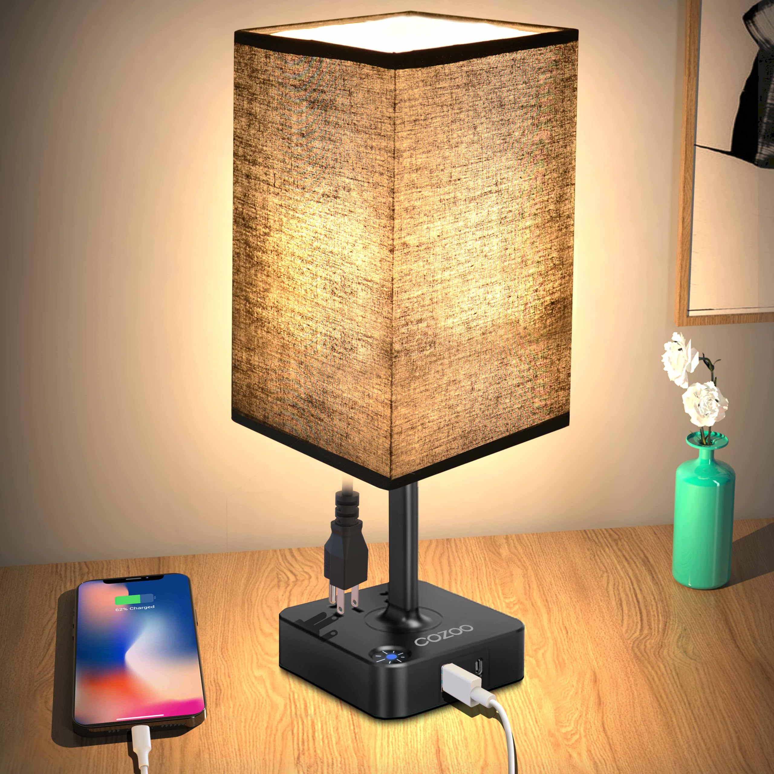 Photo 1 of cozoo USB Bedside Table Desk Lamp with 2 USB Charging Ports and 2 Outlets Power Strip,Black Charger Base with Black Fabric Shade, LED Light for Bedroom/Nightstand/Living Room