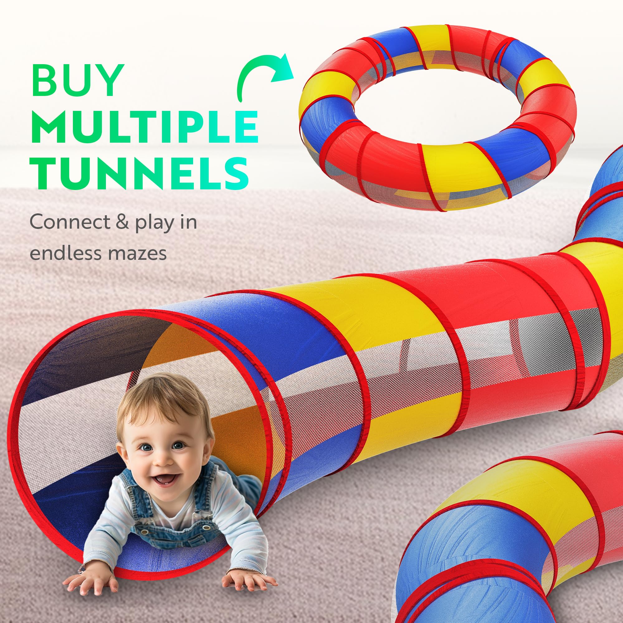 Playz Extra-Large Play Tunnel for Toddlers 1-3 Years – Pop-Up Baby Crawl Tube, Sensory Activity, Indoor & Outdoor Kids Toy, Collapsible for Easy Storage
