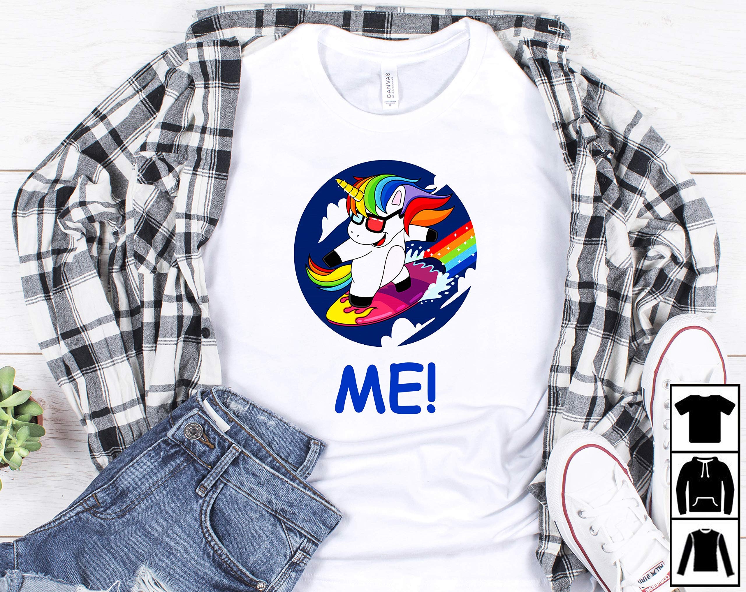 Cartoon Unicorns That Are Surfing Clouds With Rainbows Me T-shirt Long T-shirt 