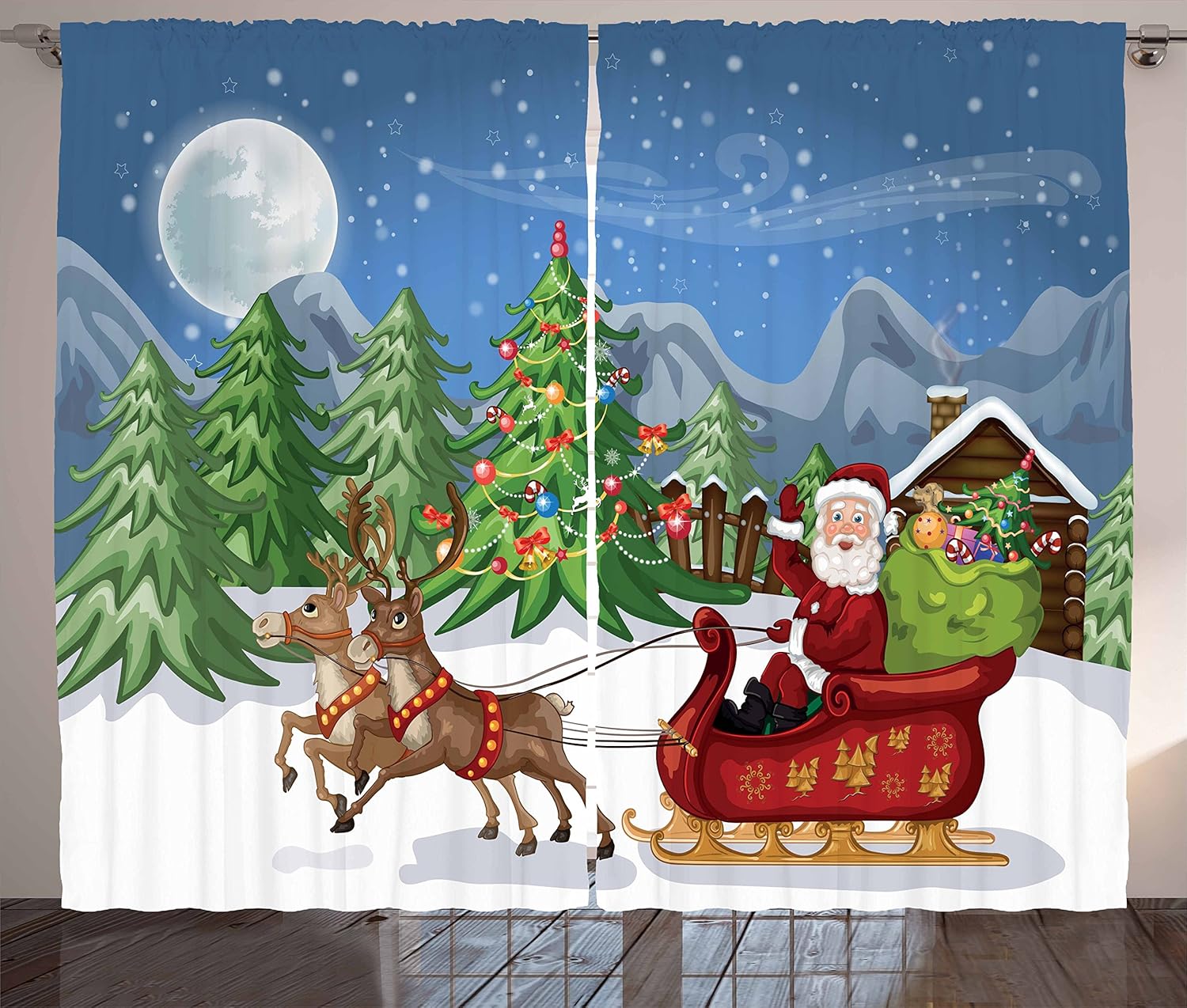 Amazon Com Ambesonne Christmas Curtains Country Landscape At Night With Trees Santa Claus Snowdrift Reindeers Mountains Living Room Bedroom Window Drapes 2 Panel Set 108 X 84 Red Green Home Kitchen