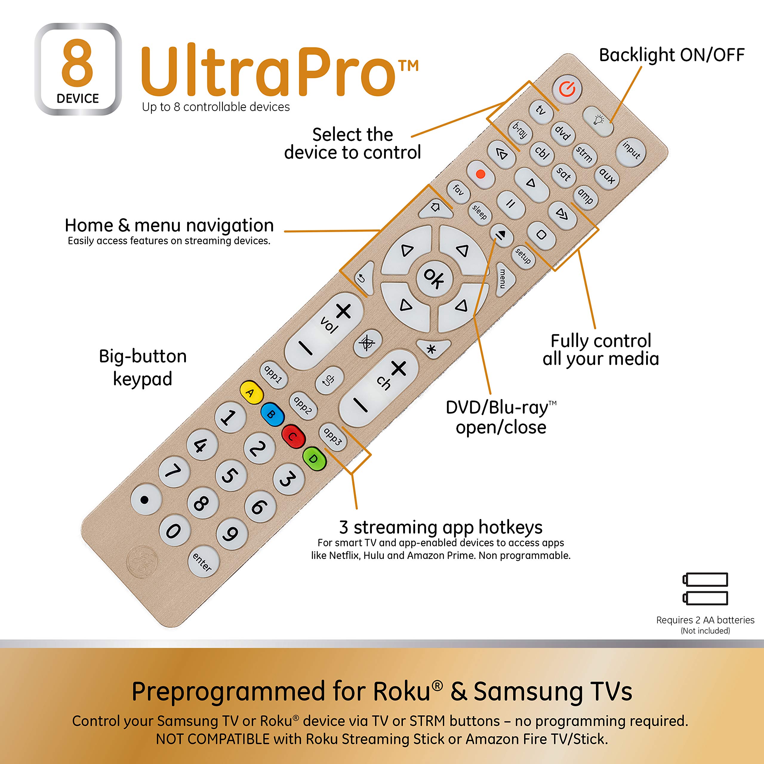 GE Universal Remote Control, Universal TV Remote for Roku TV, Samsung, Vizio, LG, Sony, Sharp, Roku, Apple TV, TCL, Panasonic, Smart TVs, Streaming Players, Blu-ray, DVD, 4-Device, Gold, 47509
