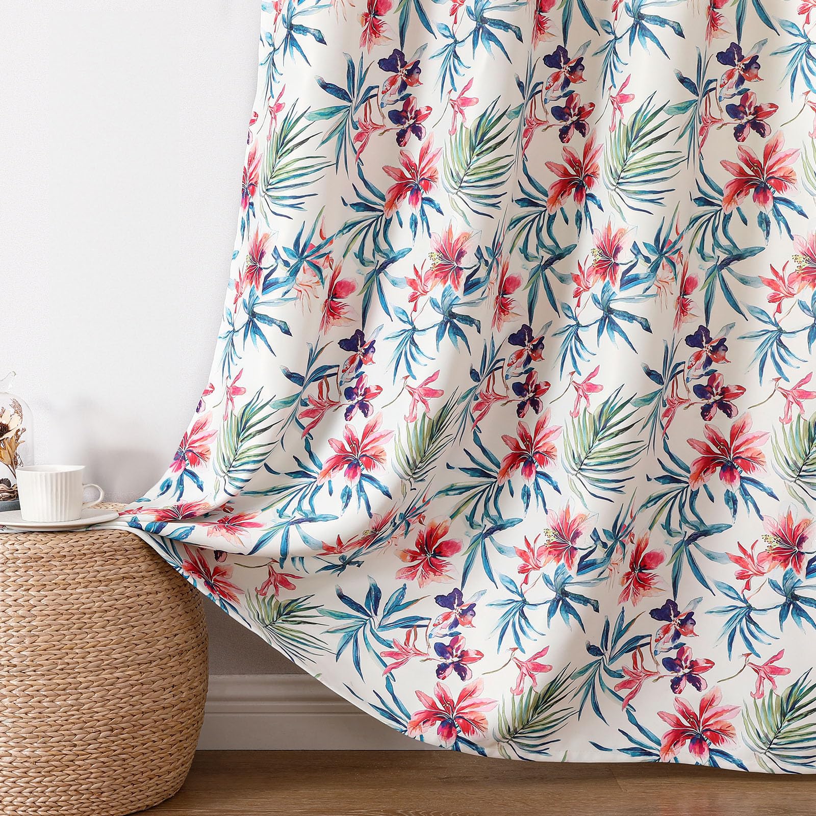 Joydeco Printed Curtains 84 inches Long,Pink Floral Blackout Curtains for Living Room 2 Panels,52 x 84 inch Rod Pocket Thermal Insulated Bohemian Drapes for Farmhouse,Bedroom,White Image