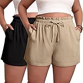Evervibe 2 Pack Women's Linen Shorts L-5xl Plus Size with Pockets Drawstring High Waist Wide Leg Casual Summer Shorts