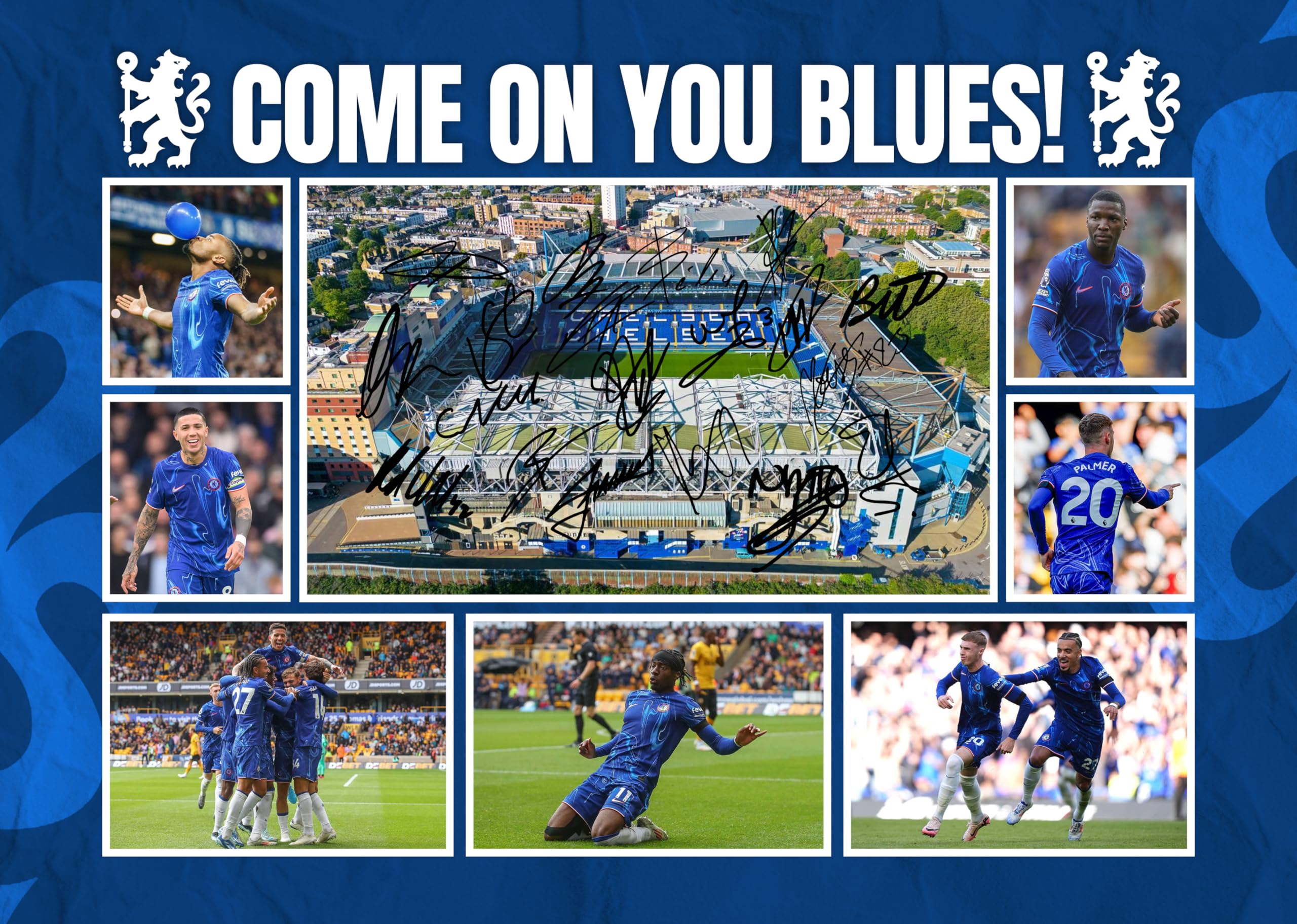RJR PRINTS Chelsea ' Come On You Blues! ' 2024/5 Team Football Players Multi Signed A4 Montage Photo Print Which Would Make A Great Gift For Any Fan.