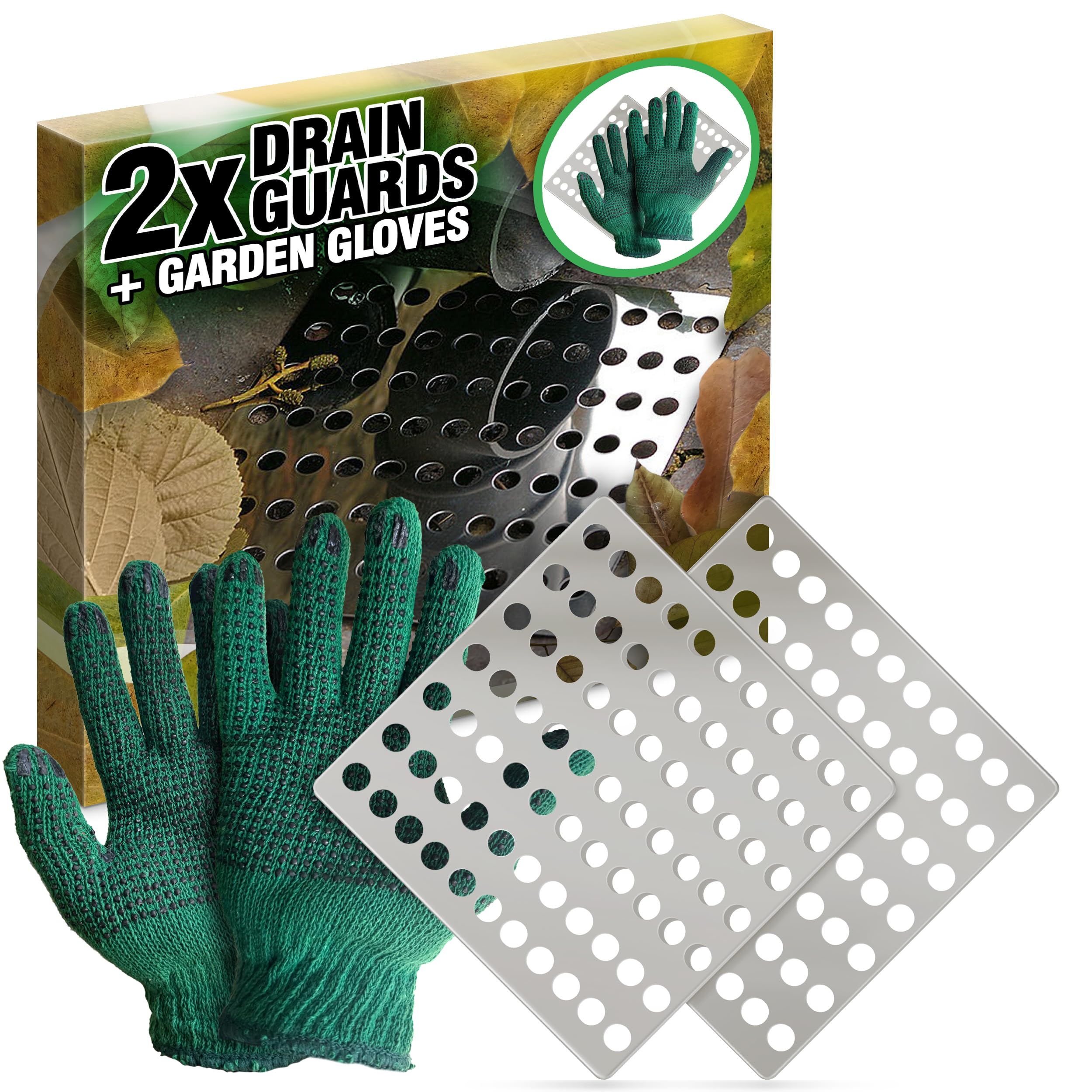 Medipaq 2x Square Stainless Steel Drain Covers – Rustproof 15cm x 15cm Drain Leaf Guard for Outdoor Use – Metal Drain Cover to Stop Leaves & Debris – Includes Gardening Gloves