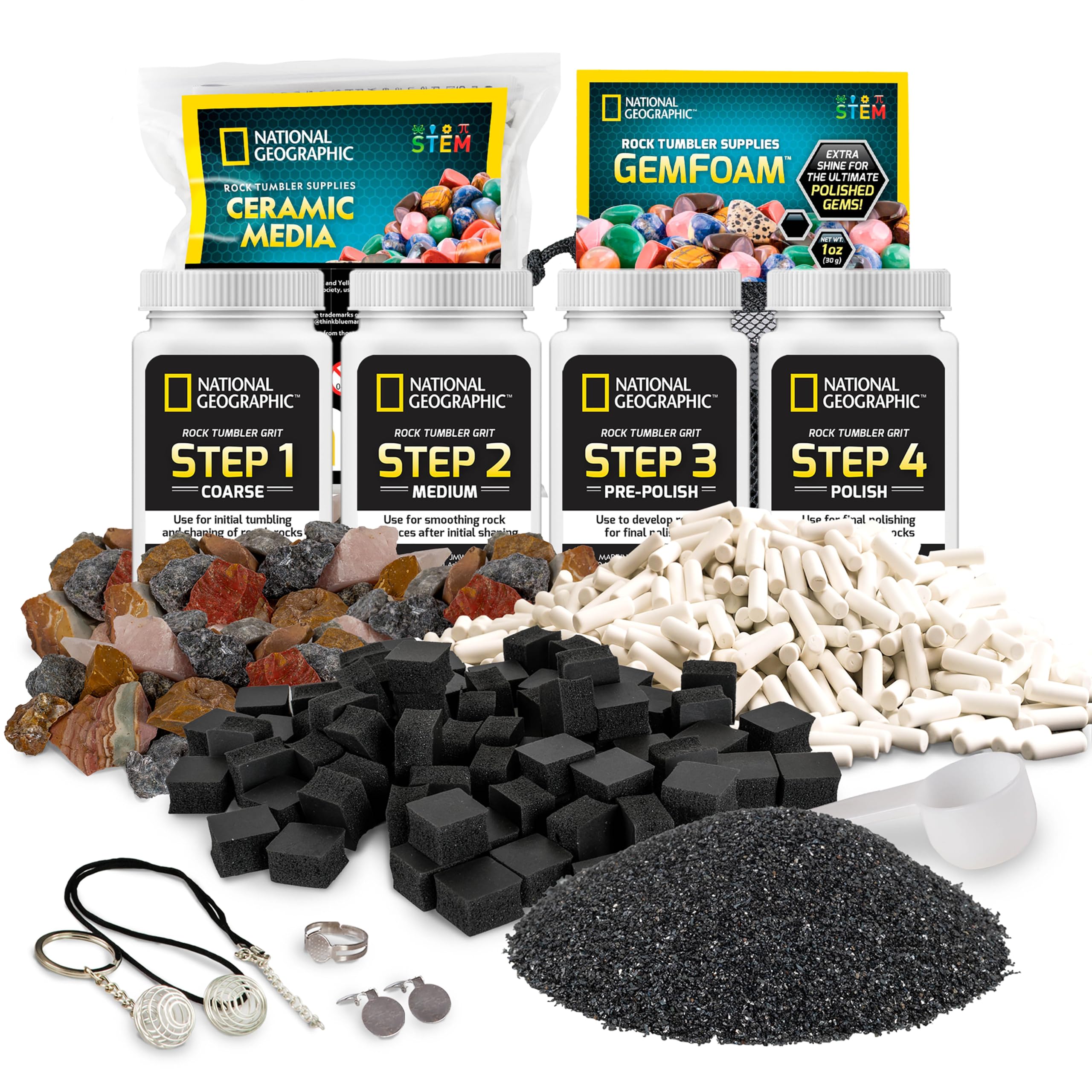 NATIONAL GEOGRAPHIC Rock Tumbler Refill Kit - Rock Tumbling Supplies including Grit and Polish Refills, Ceramic Media, GemFoam, 1.36 kg Madagascar Rocks for Tumbling, Jewellery Accessories