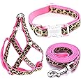 Mile High Life Leopard Dog Harness Collar Leash Set, Adjustable No Pull Dog Halter Harness for Small Breed Dogs, Easy Control for Training Walking (Pink, M Chest 15"-21", Neck 13"-17")