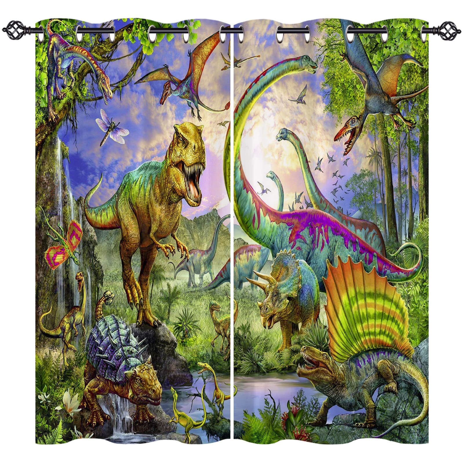 ANHOPE Dinosaur Curtains Eyelet Ring Top Thermal Insulated 80% Blackout Curtains with Jungle Animal Dino T-Rex Print Pattern Window Drapes for Kids Boys Girls Bedroom 46 x 54 Inch Drop 2 Panels