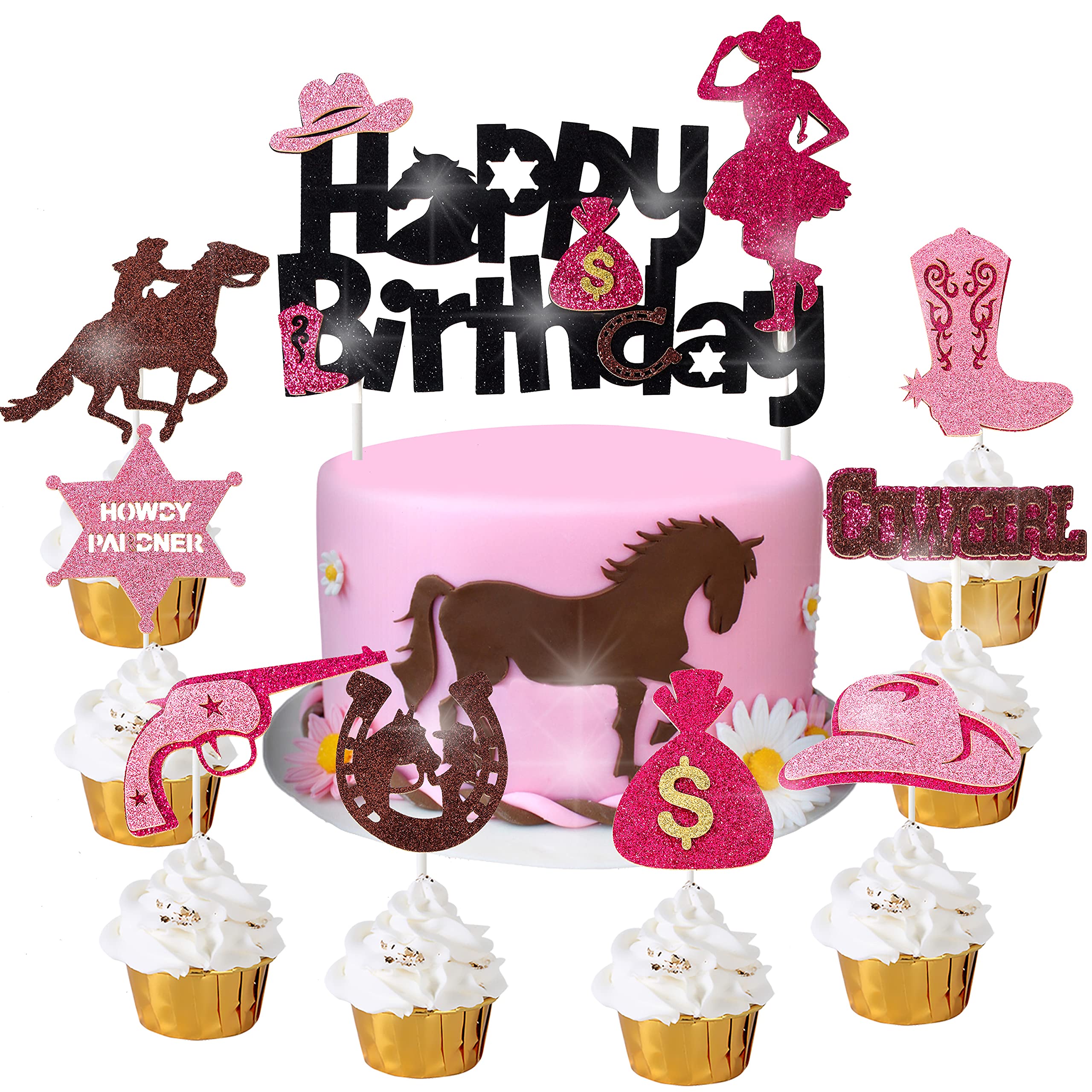 25 Pieces Cowgirl Cake Toppers Include Hat Purse Horse Cupcake Toppers Horse Party Decorations for Baby Shower Birthday Party Western Cowgirl Theme Party Decorations
