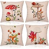 Tudomro 4 Pcs Mushroom Pillow Case 18 x 18 Inch Decorative Square Couch Pillow Cover Cute Cotton Linen Throw Pillowcase for Sofa Living Room Bed Decoration, 4 Styles