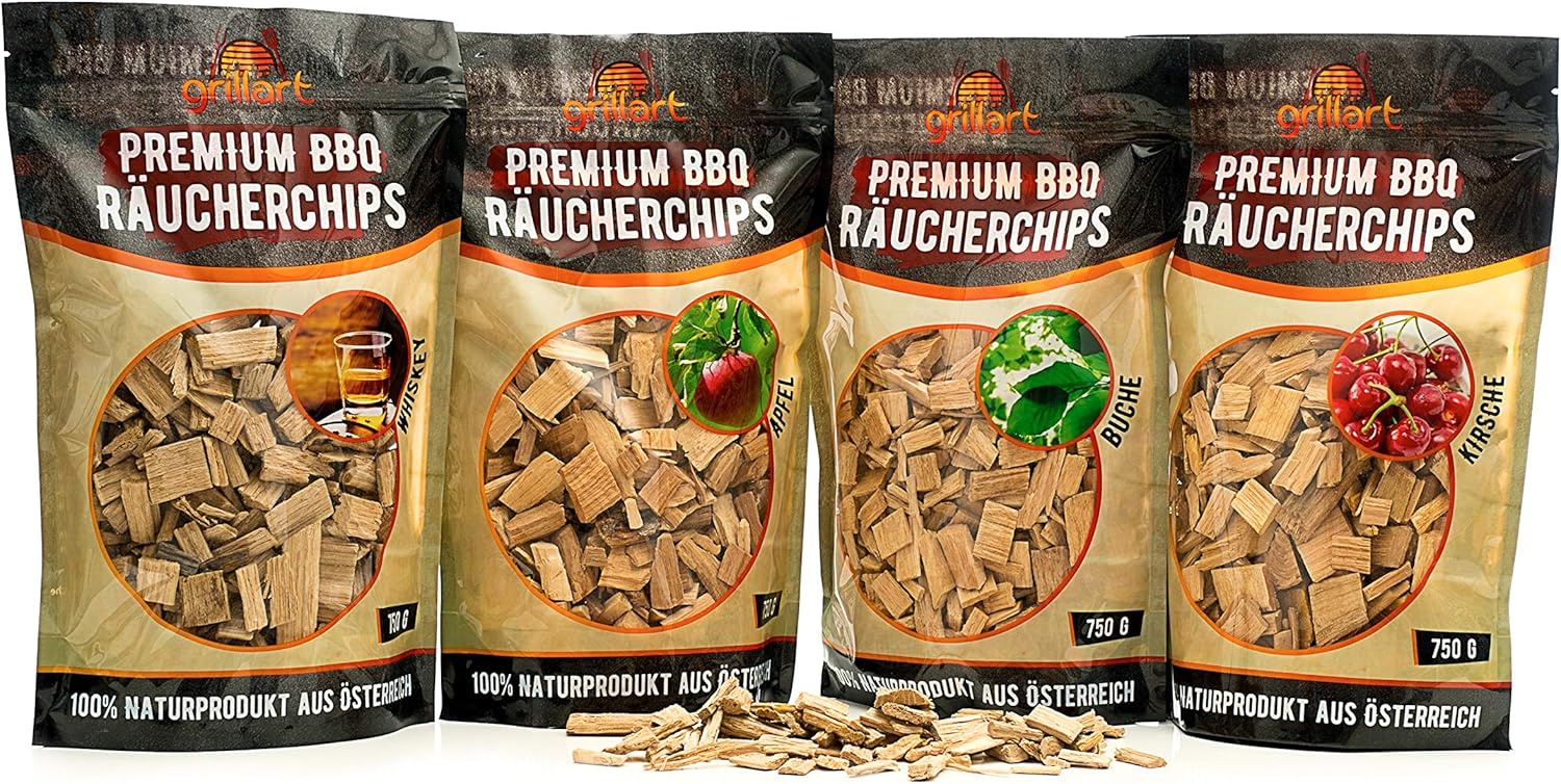 grillart® Premium BBQ Räucherchips Mix 4er XL Set für das besondere Raucharoma – sehr rauchaktives Räucherholz/Holzhackschnitzel – Vorteilspack 4X 750g Beutel