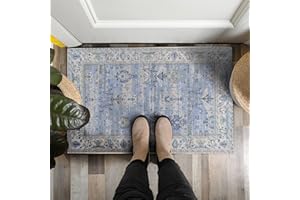 Adiva Rugs Machine Washable 2x3 Area Rug with Non Slip Backing for Living Room, Bedroom, Bathroom, Kitchen, Printed Vintage Home Decor, Floor Decoration Carpet Mat (Blue, 2' x 3')