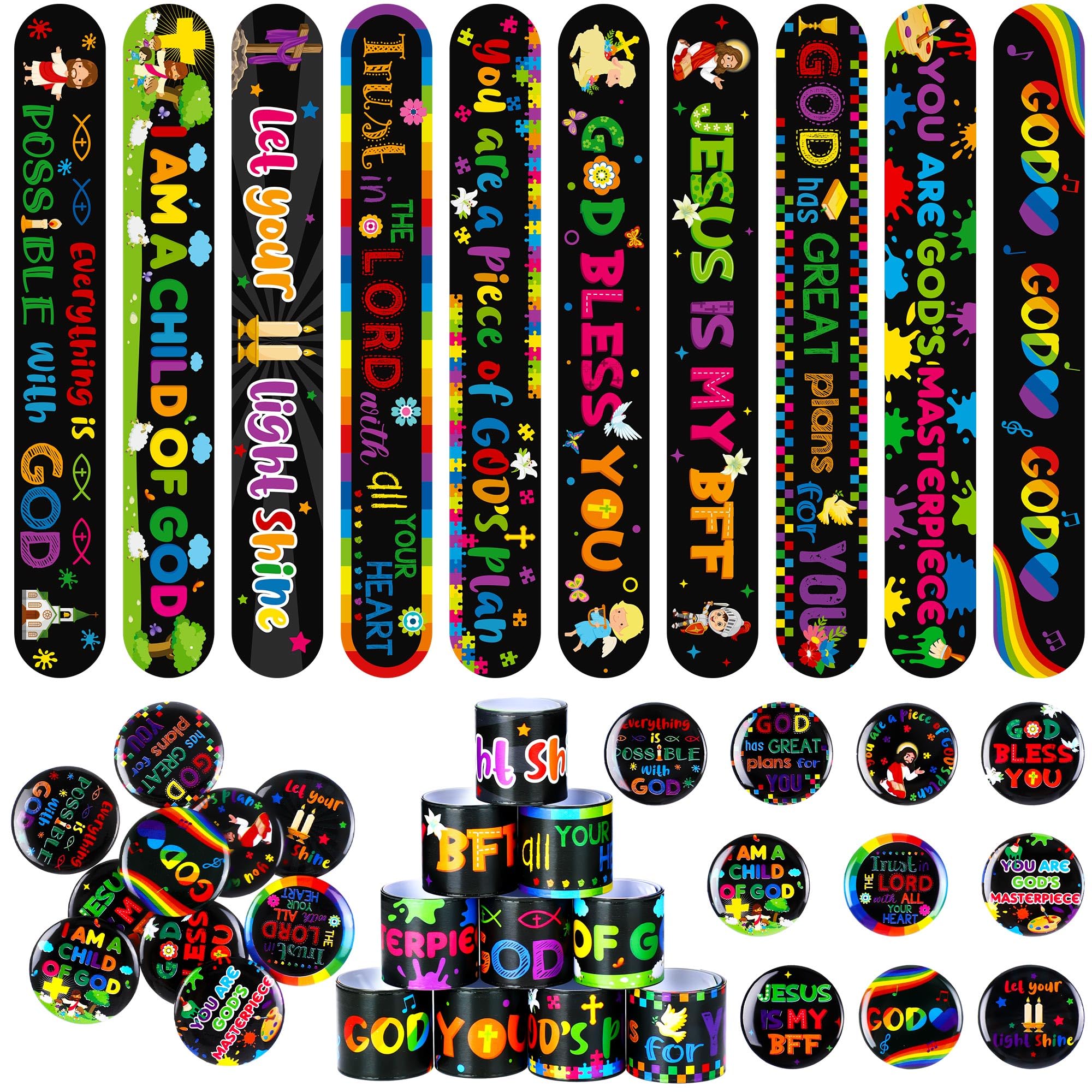 Photo 1 of Frienda 60 Pcs Religious Gifts Christian Slap Bracelets with Badges Christian Gifts for Kids Jesus Love You Wristbands Bracelets for Vbs Sunday School Supplies Birthday Party Favors(Jesus)