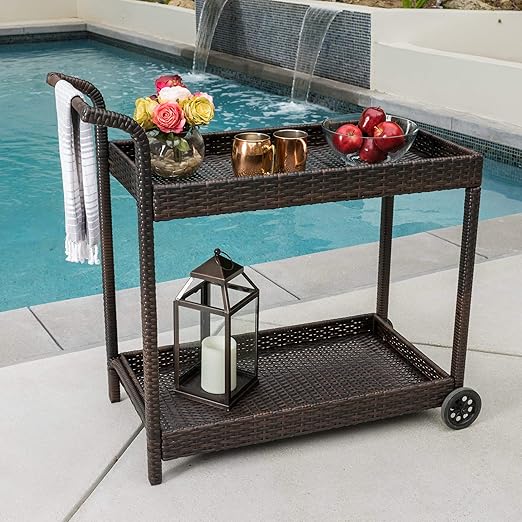 Outdoor Wicker Bar Cart Brown Metal Home & Kitchen