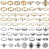 PANTIDE 67Pcs Vintage Knuckle Rings Set Stackable Finger Midi Rings for Women Bohemian Hollow Carved Flowers Gold & Silver Crystal Joint Circlet with Storage Bag
