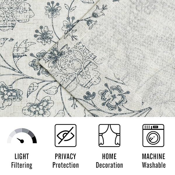 VISION HOME BLUE FLORAL LINEN CURTAINS BACK TABS ROD POCKET SEMI SHEER FARMHOUSE WINDOW CURTAINS FOR BEDROOM LIVING ROOM LIGHT FILTERING DRAPES 63 INCH BLUE ON BEIGE 2 PANELS,54″ WX63 L