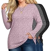 Velvelhall 3 Pack Women's Plus Size Tunic Sweaters Ribbed Long Sleeve Slim Fit Shirts Crewneck Pullover Casual Tops