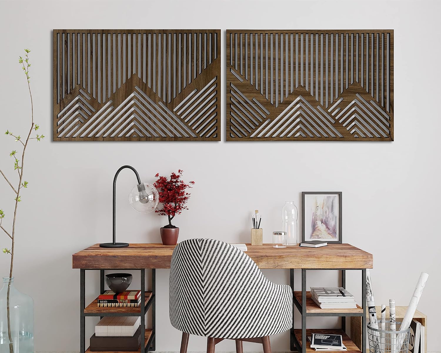 Mixed Media - Mountain wood wall art decor, Wooden geometric mountains, Set of 2 large mountain decor