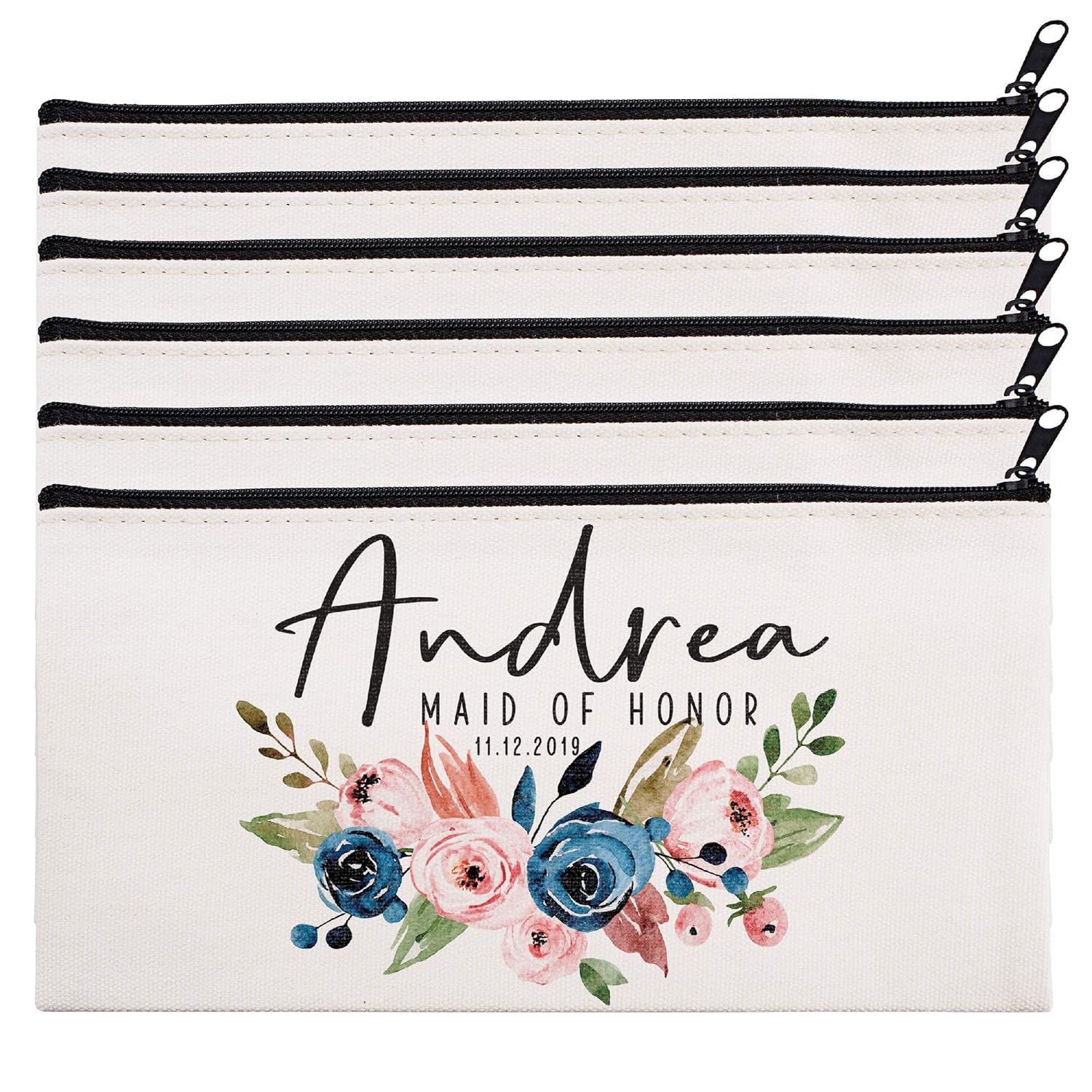 Personalized Makeup Bag Bridesmaid Wedding Customized Pouch Bachelor | Design-12 | Set of 6