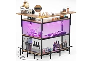 Hyomdeck 4-Tier L Shaped Home Bar with Power Outlet & LED Light, Coffee Bar Cabinet with Footrest, Liquor Bar with Glass Holder, Corner Bar Table with Storage for Kitchen, Dining Room, Rustic Brown