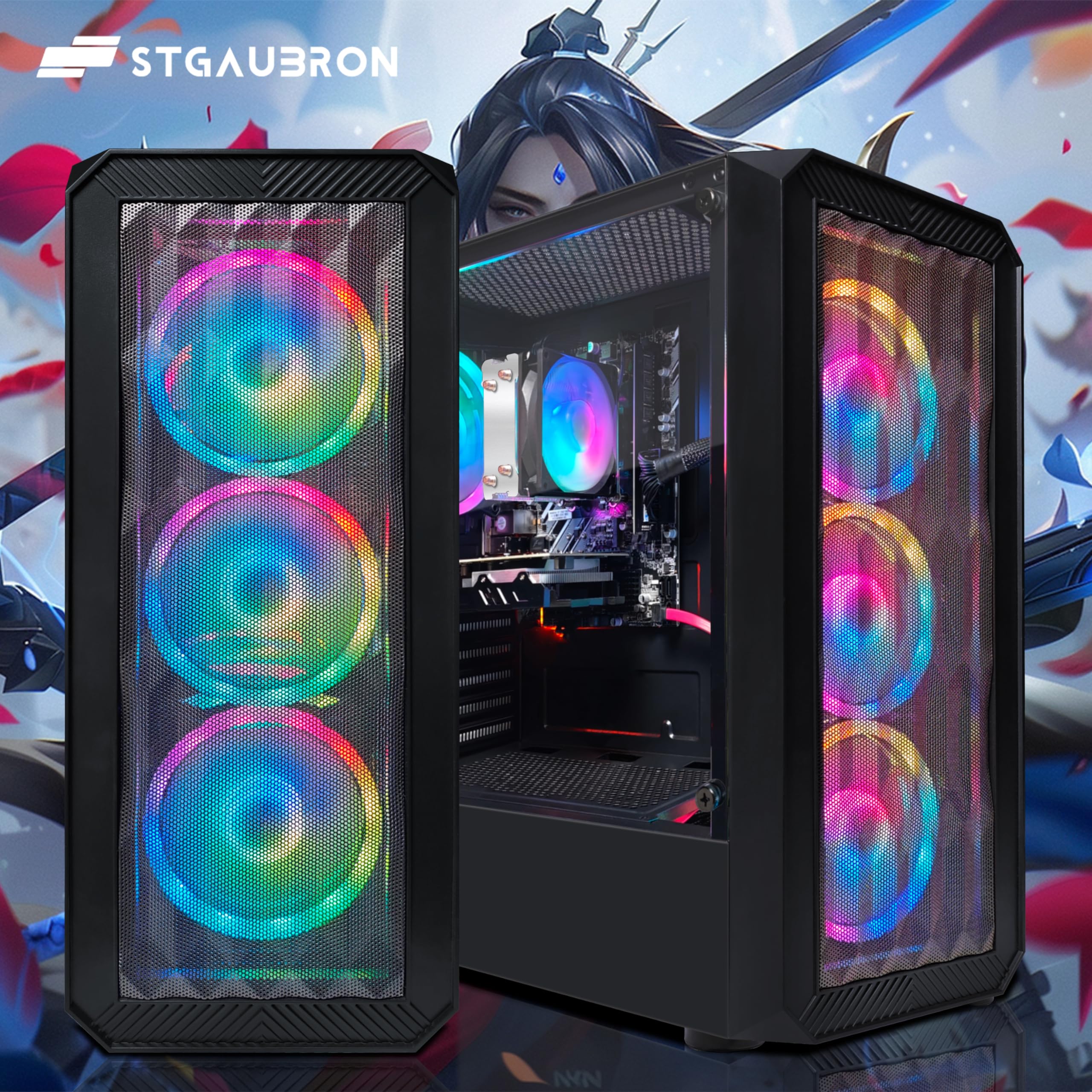 STGAubron Gaming PC Desktop, Radeon RX 590 8G GDDR5, AMD Athlon 3000G 3.5G, 16G DDR4, 512G SSD, 600M WiFi, BT 5.0, RGB Fan x4, Windows 11 Home