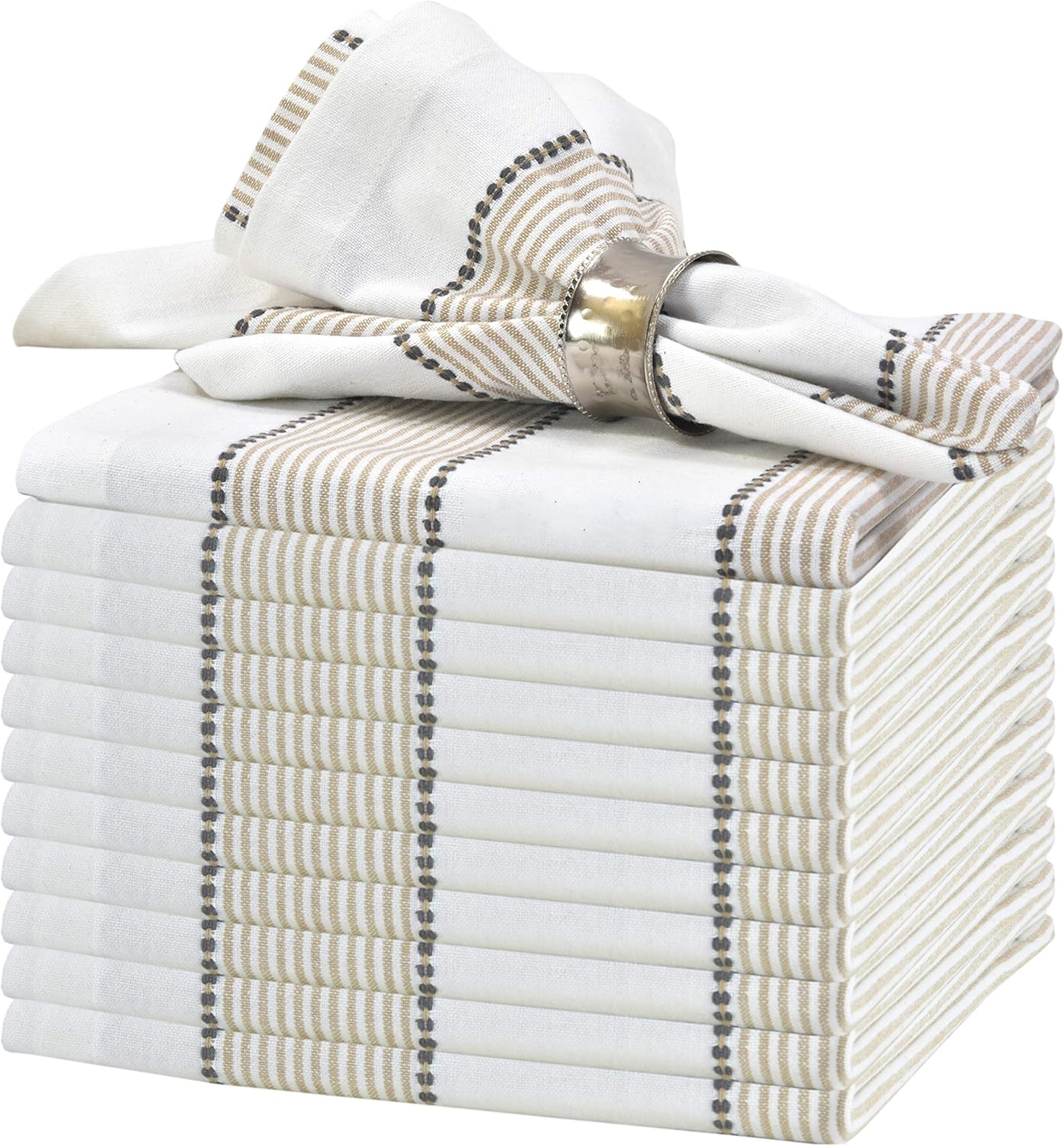 GLAMBURG Cloth Napkin 12-Pack 100% Ring Spun Cotton Dinner Napkin 18x18 with Mitered Corners and a Generous Hem, Cocktail Napkins, Wedding Dinner Napkins, Machine Washable - Beige: Home & Kitchen