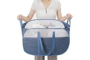 MOOMASS Pop-Up Laundry Basket，collapsible Mesh Laundry Hamper– With Extended Shoulder Straps, Sturdy Handles, and Premium Cationic Fabric (blue)…