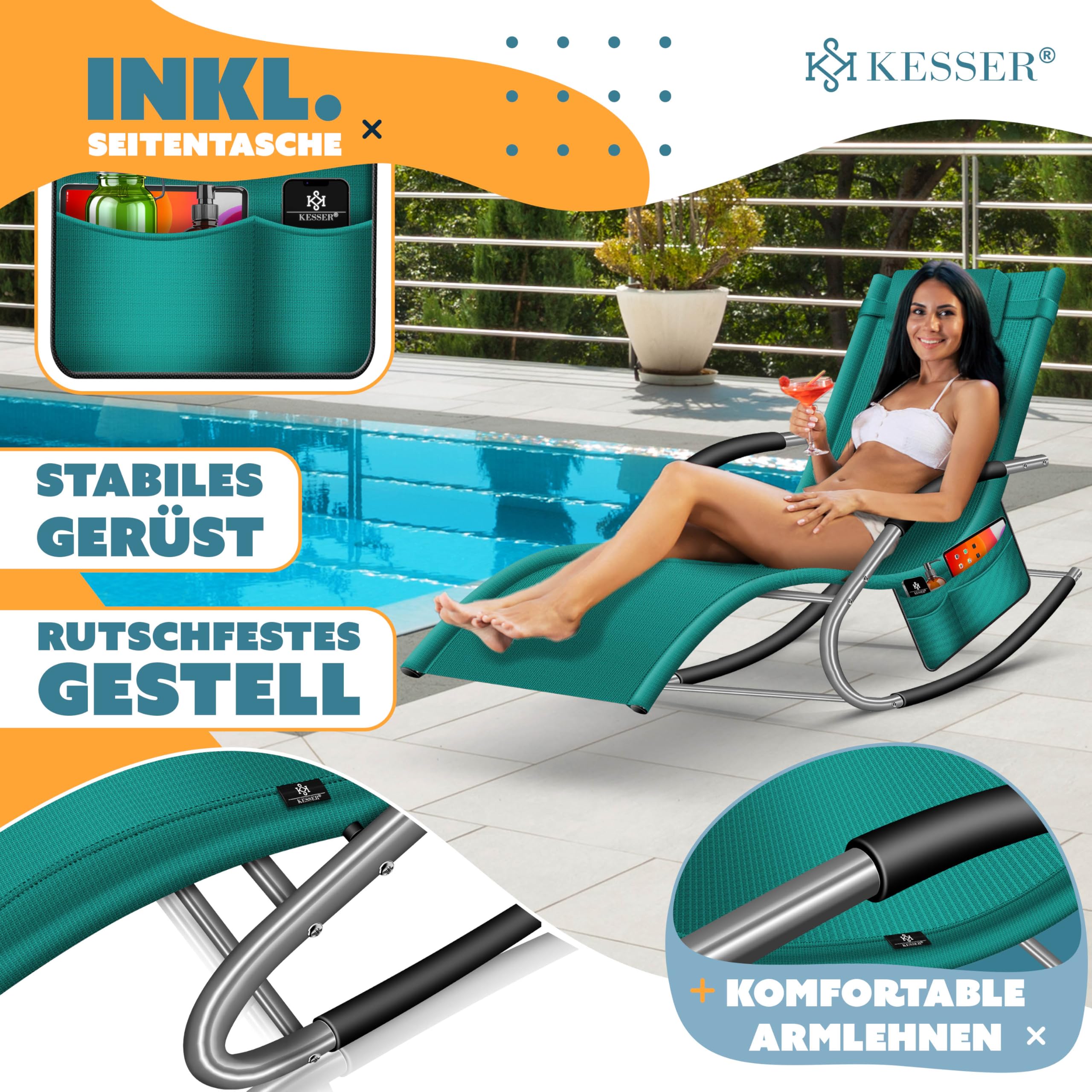 KESSER® Sonnenliege Relaxliege Schwungliege | Gartenliege | Gartenstuhl | Liegestuhl | Schaukelsessel | ergonomische Relaxsessel | Kopfkissen | wetterfest | 150 kg Belastung | Petrolgrün 3