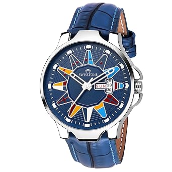 Leather Strap Analogue Blue Dial Mens Wristwatch