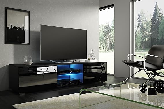 Tv Schrank MOON Tv Lowboard Unterschrank Mit LED !!! (schwarz matt / schwarz halbglanz)