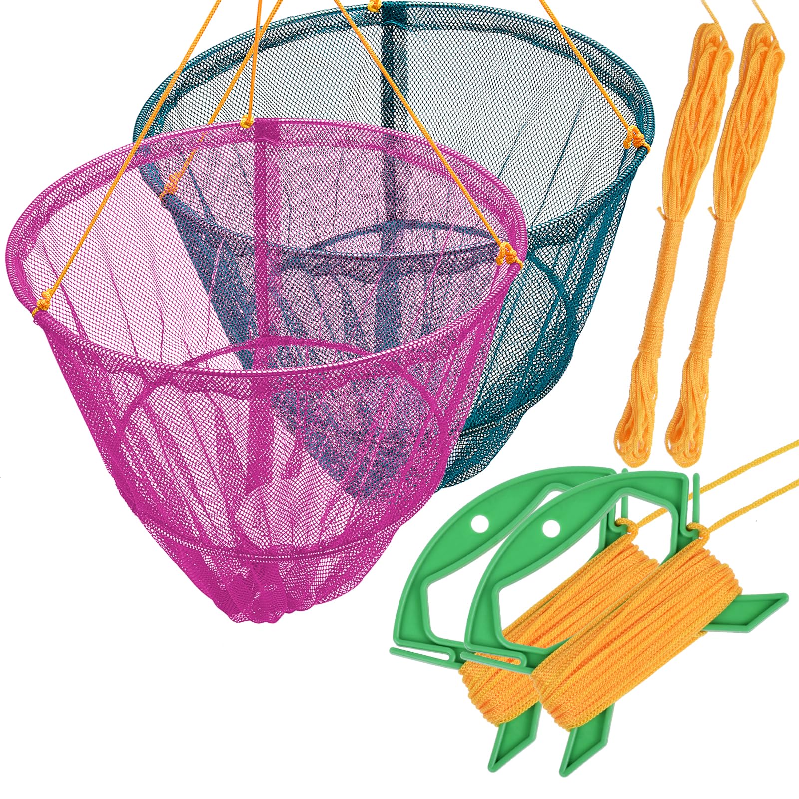 SF 2 Packs Portable Crab Drop Net with Net Bait Bag & Rope & Line Handle for Crabbing Catch Fish Prawn Crayfish Lobster (1 Pink+1 Green, W30cm x H25cm)