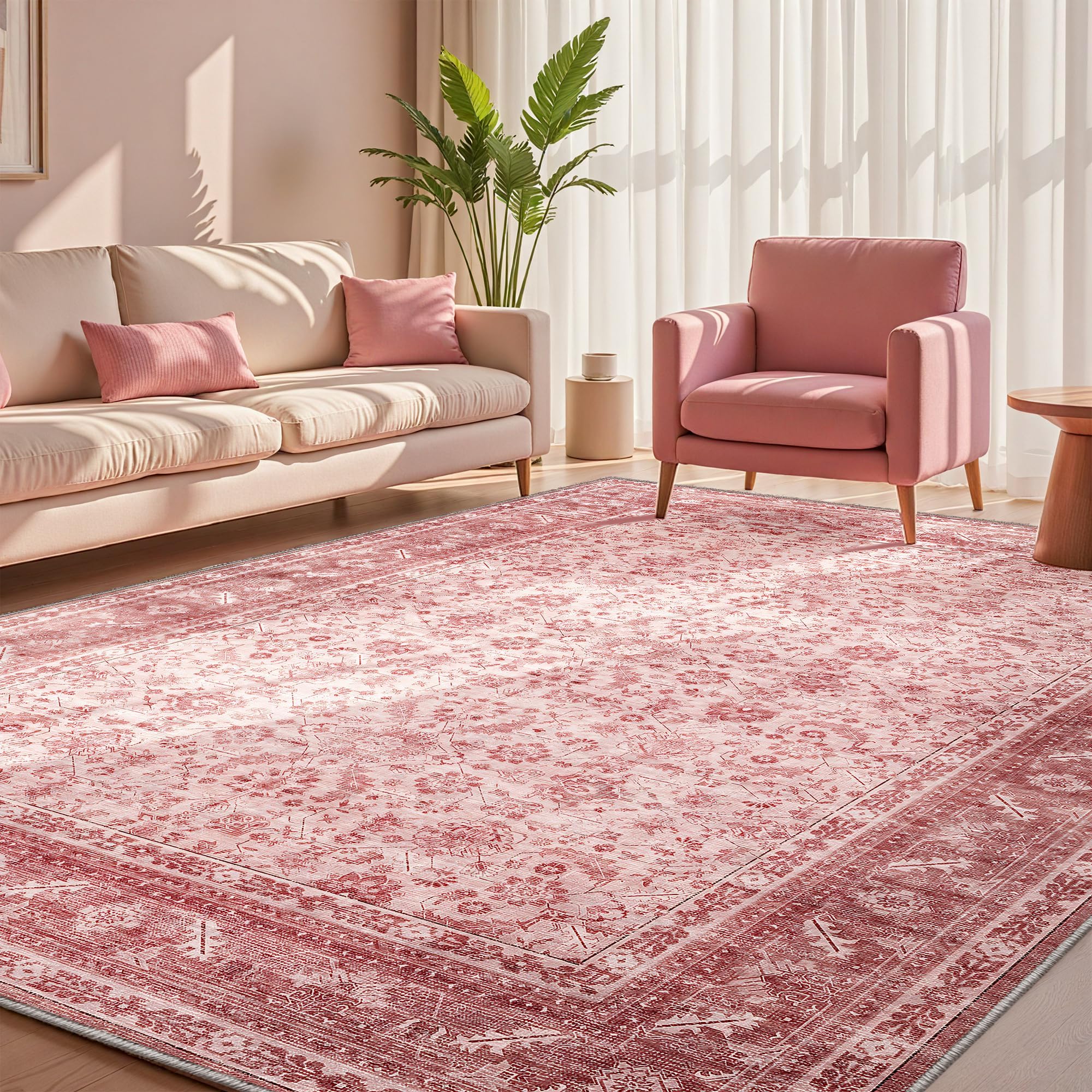 Photo 1 of OPPODREAM Thin Vintage Pink Area Rugs 5x7, 5 x 7 Retro Washable Rug Non Slip, Low-Pile Faux Wool Carpet, Distressed Floor Mat for Living Room, Bedroom, Kitchen, Office, Dorm, Dinning Room