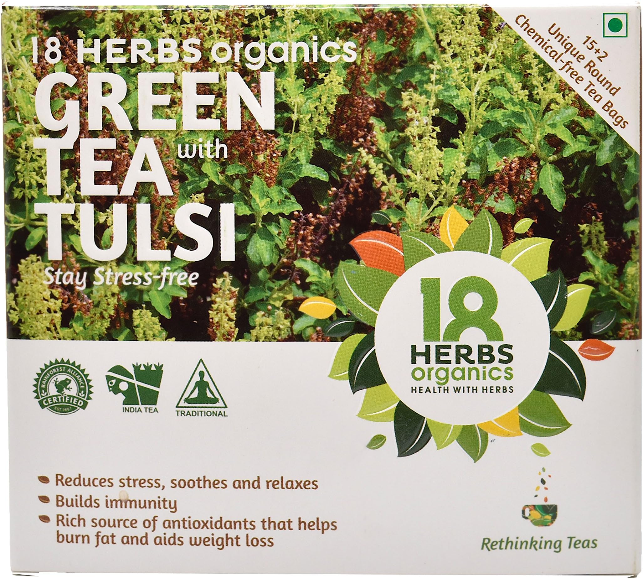 18 Herbs Organics Health with Herbs Green Tea with Tulsi (15 Tea Bags - 21 grams - Duplex Carton, Pack of 1) Tulsi Green Tea - To Stay Stress-Free!