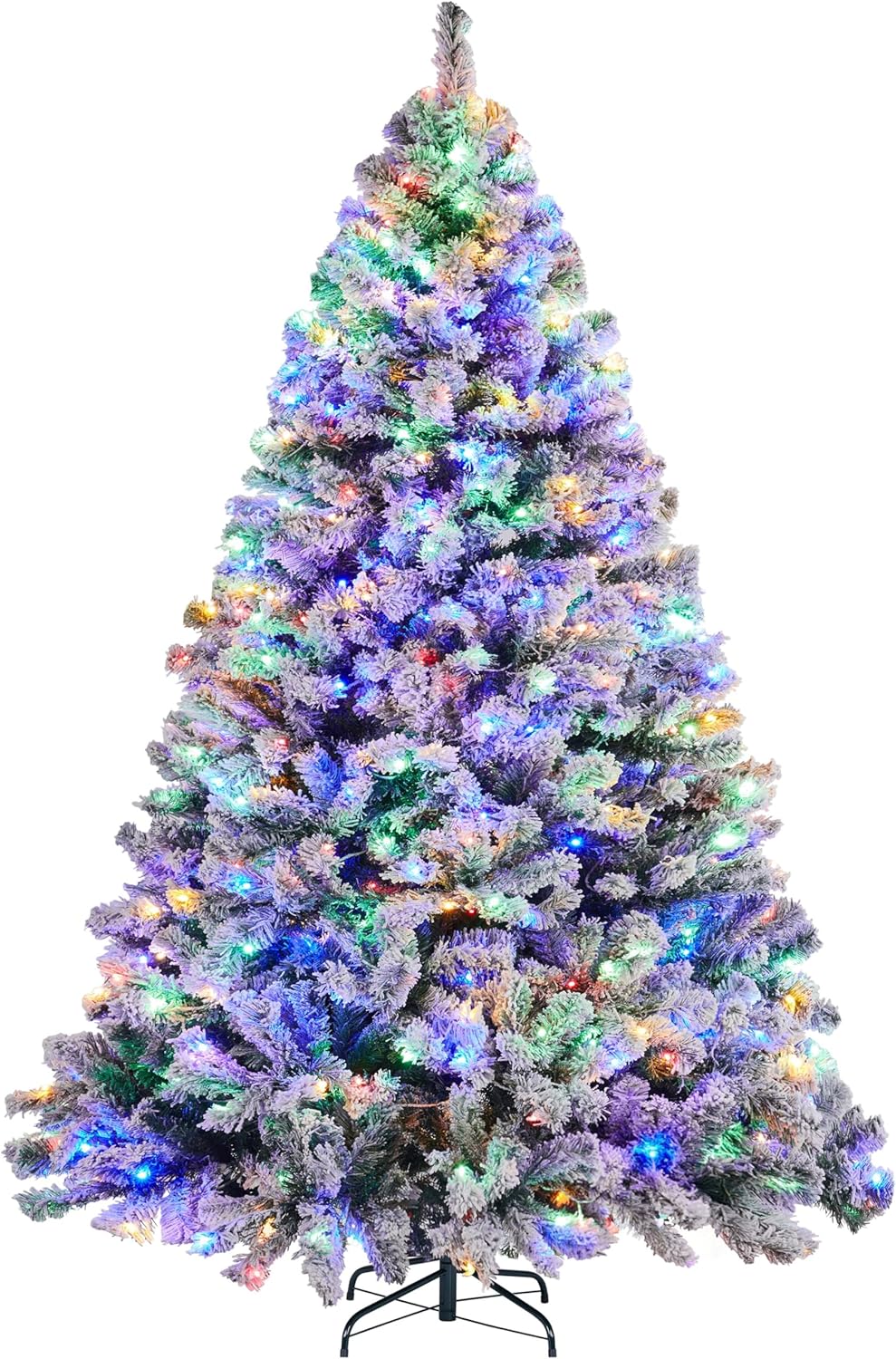 Trees - Yaheetech 6ft Pre-lit Spruce Artificial Christmas Tree Snow Flocked Hinges Tree with 250 Multicolor LED Lights & 820 Branch Tips & Metal Stand for Home, Office, Party Decoration, White