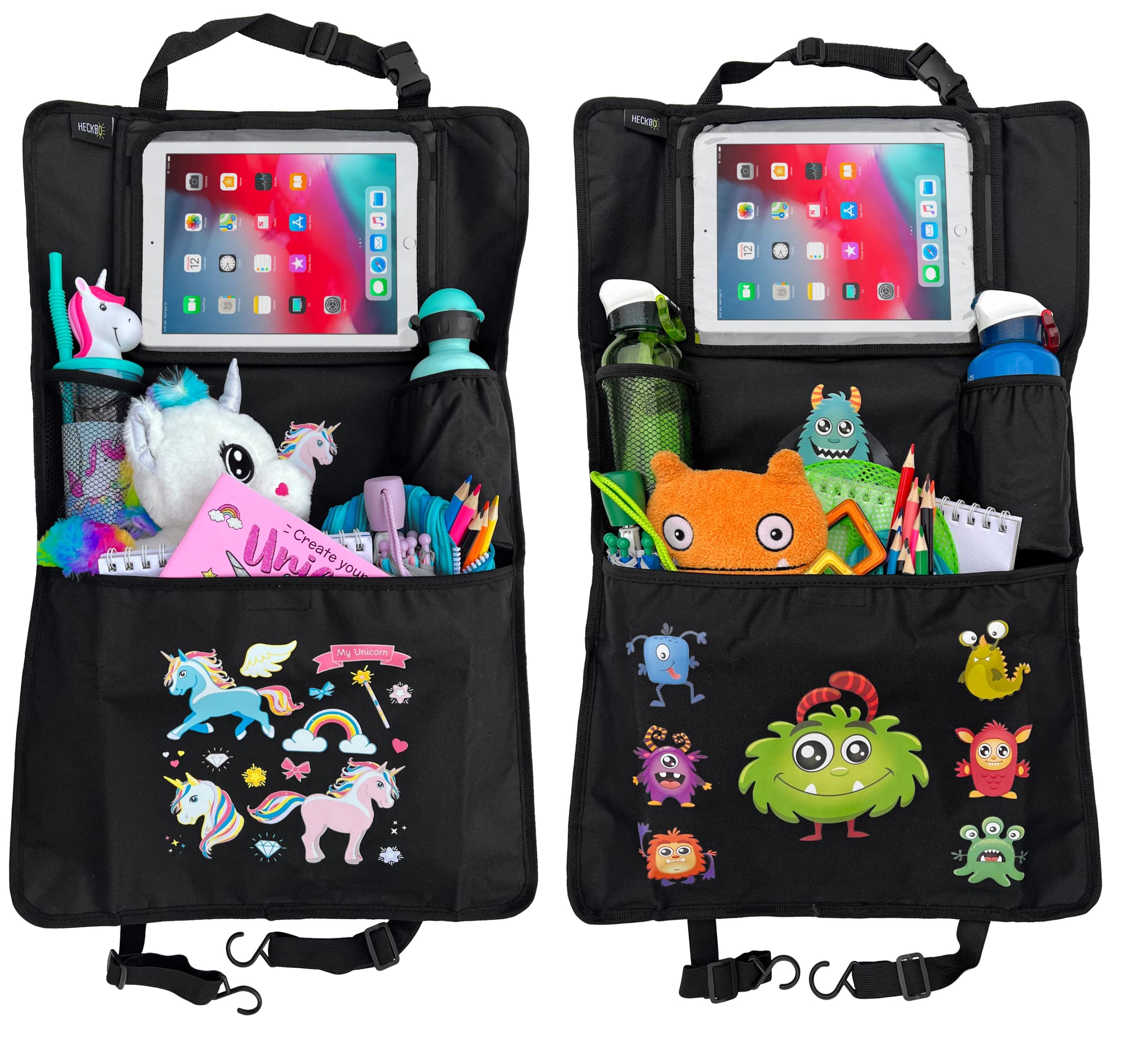 HECKBO 2x Children’s Car Seat Back Protector Organisers with Adjustable Tablet Holder & Storage Pockets – Monster + Unicorn Designs – 70x45 cm – incl. Cup Holder + Storage Net