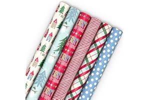 Hallmark Cute Recyclable Christmas Wrapping Paper (6 Rolls: 180 Sq. Ft. Total) Red, Blue, Green Plaid, Merry Everything, Colorful Houses, Snowmen and Trees, Dots, Stripes