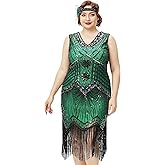 BABEYOND Women's Plus Size Flapper Dresses 1920s V Neck Beaded Fringed Great Gatsby Dress