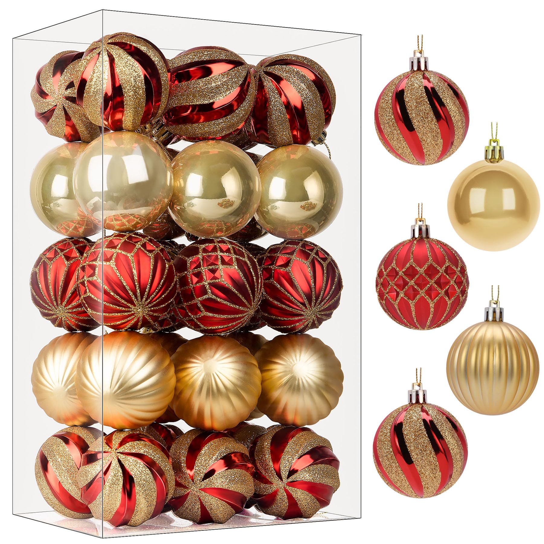 Photo 1 of SHareconn 30ct 2.36 Inch Christmas Tree Balls Ornaments, Colored Shatterproof Plastic Decorative Baubles Decorations for Xmas Tree Decor Holiday Party Wedding Decoration (Red & Gold, 60mm)