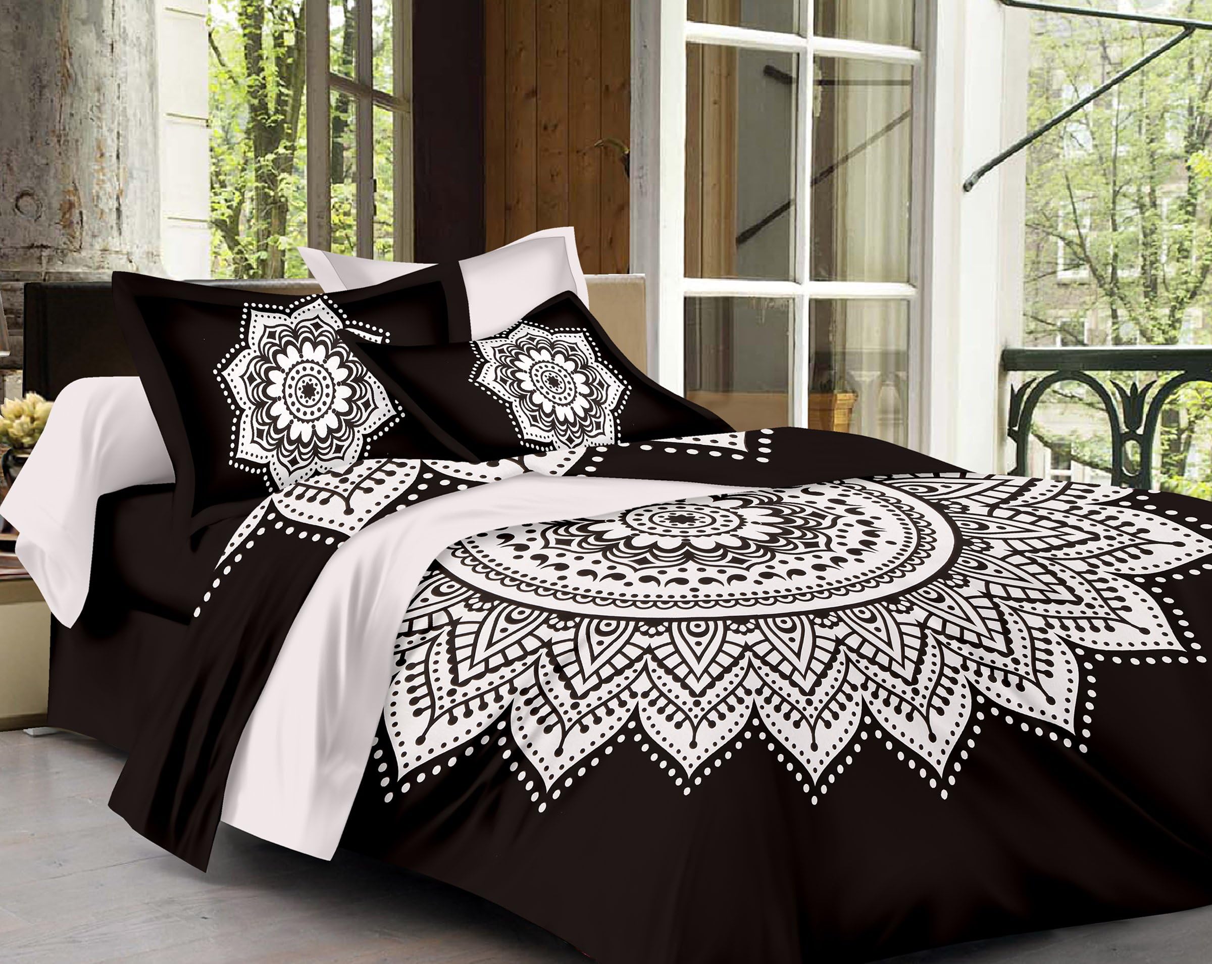 SheetKart Traditional Mandala 144 TC Cotton Bedsheet with 2 Pillow Covers - King Size, Superior Black
