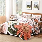Andency Floral Boho Queen Quilt Bedding Set Pink, 3 Pieces Farmhouse Flower Botanical Summer Bedspreads with 2 Shams, Soft Reversible Lightweight Microfiber Coverlet Set for All Season, 90"x96"