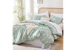 JANZAA 3 Pieces Duvet Cover Queen Sage Green Duvet Cover Floral Queen Comforter Cover with Zipper Closure 4 Ties (2 Pillow Cases)