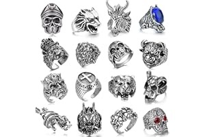 GIFIKOI 16-24 Pcs Vintage Punk Rings Set Gothic Biker Adjustable Rings Skeleton Skull Ring Feather Snake Drgon Lion Wolf Tiger Head Ring