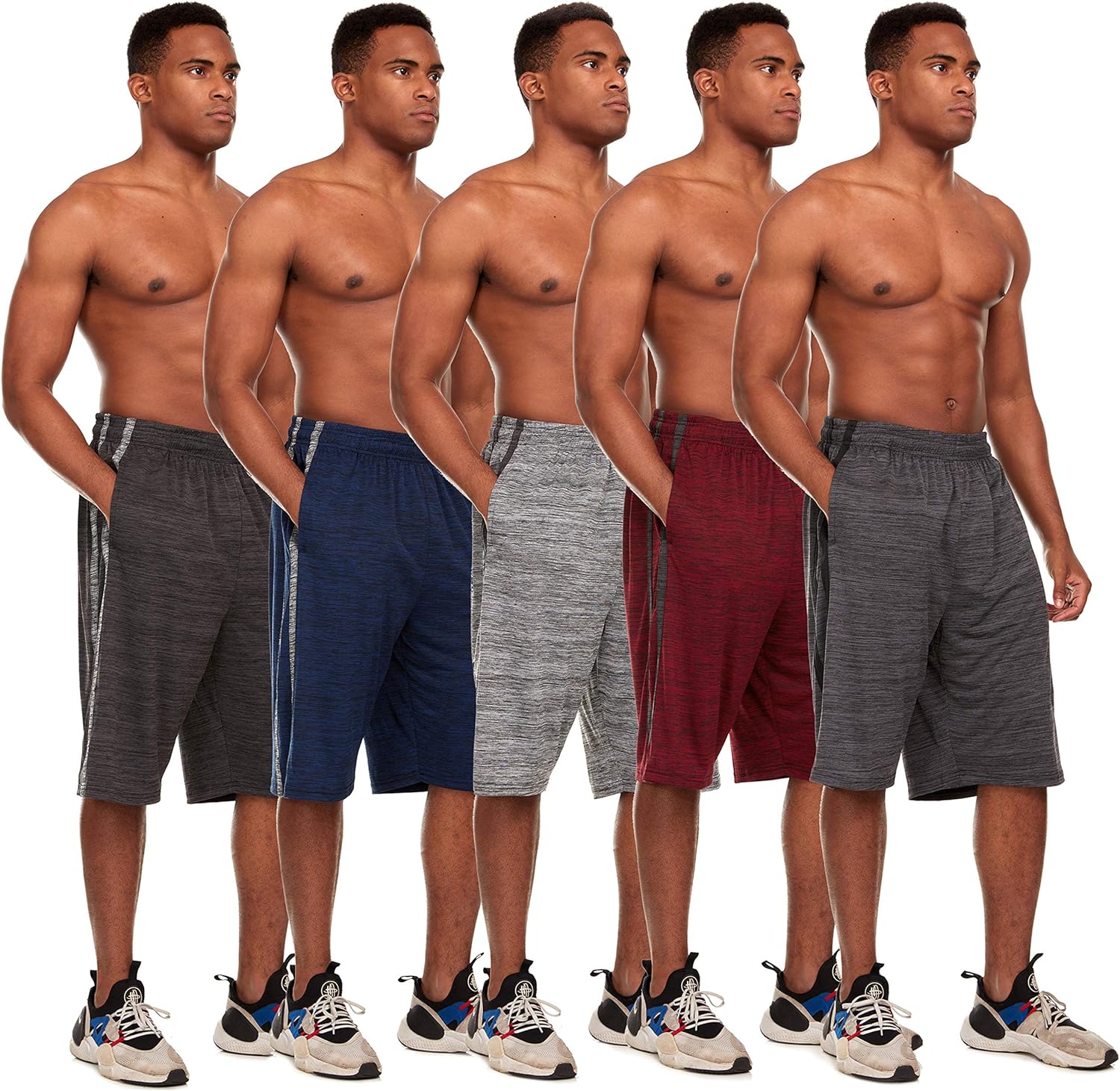 Essential Elements 5 Pack: Men's Active Performance Athletic Basketball Gym Workout Gym Cationic Shorts with Pockets at  Men’s Clothing store