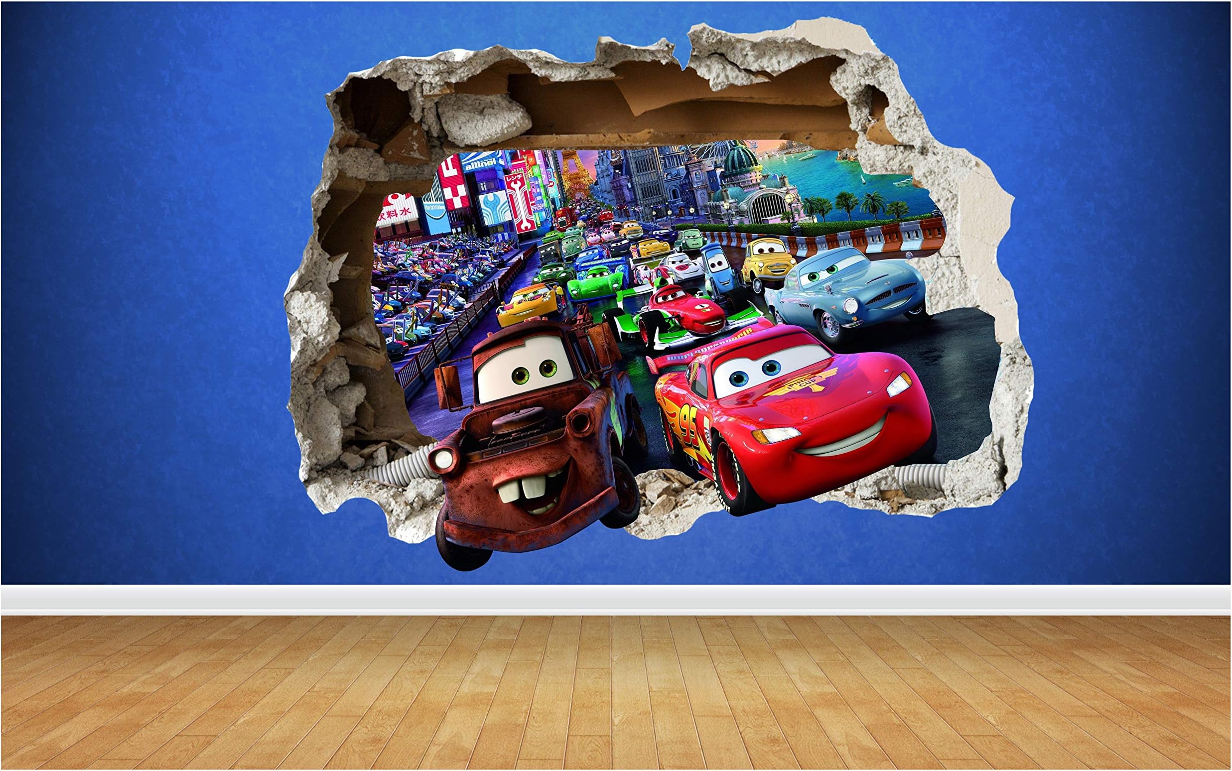 Thorpe Signs Cars 3D Effect Smashed Wall Sticker, style transfer art Lighting Mcqueen Mator bedroom (Small: 50cm x 38cm)