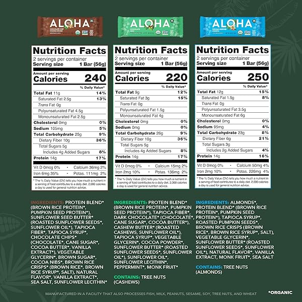 ALOHA ORGANIC PLANT BASED PROTEIN BARS – 6 FLAVOR VARIETY PACK – 12 COUNT, 1.9OZ BARS – VEGAN SNACKS, LOW SUGAR, GLUTEN-FREE, LOW CARB, PALEO, NON-GMO, STEVIA-FREE, NO SUGAR ALCOHOL SWEETENERS
