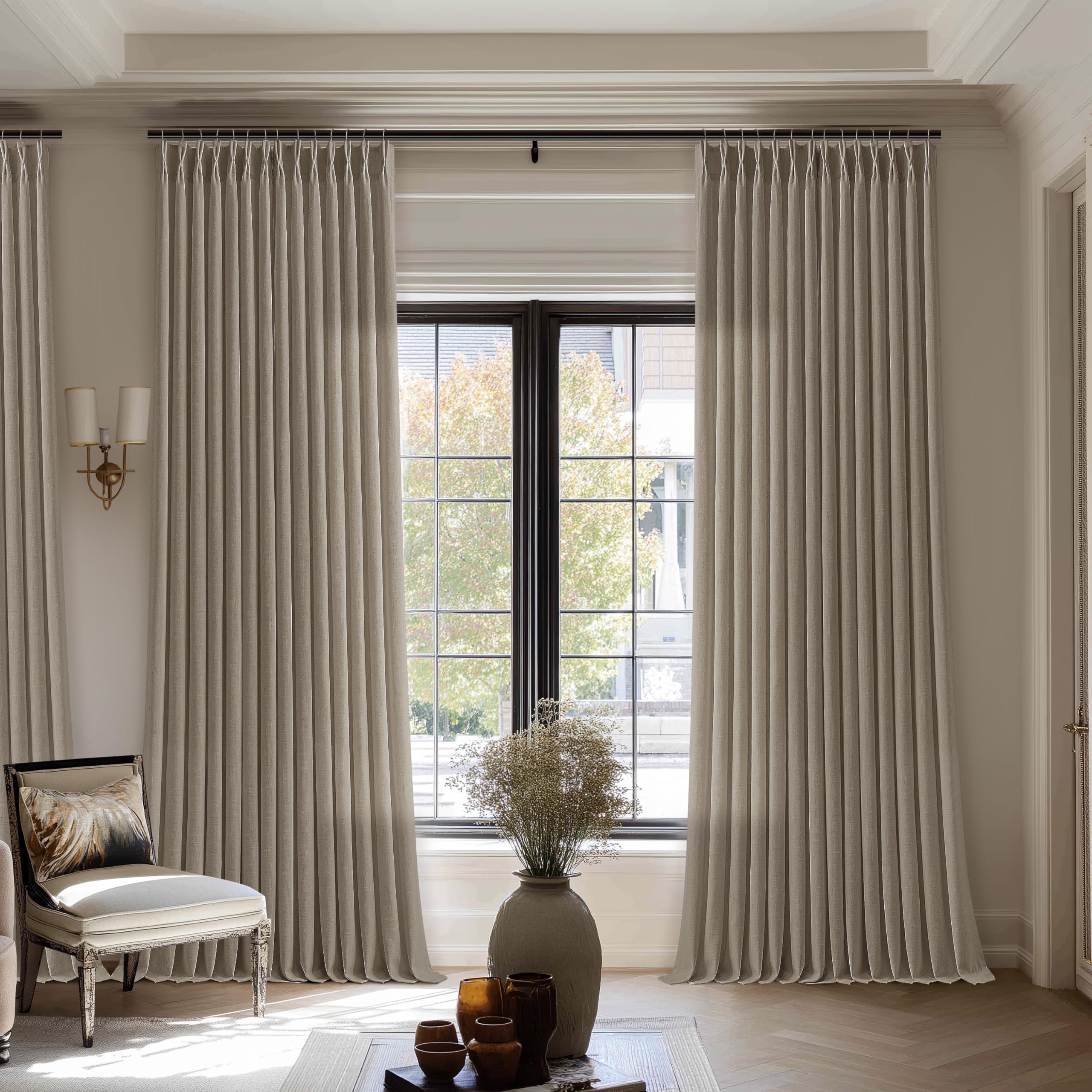 Photo 1 of Linen Sheer Pleated Curtains 120 Inches Long Patio Sliding Door Curtains 70 Inch Width Light Filtering Semi Sheer Curtain Drapes Taupe Farmhouse Extra Wide 70x120 Curtain Panels for Living Room